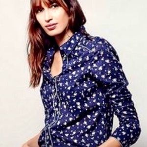 Free People Navy Calico Print Western Shirt - XS